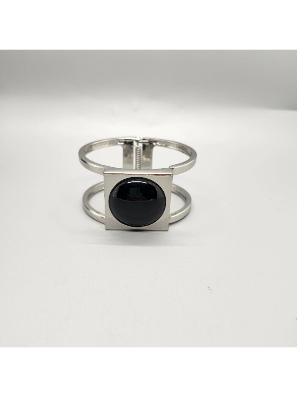 Silver-Tone Open Cuff Bracelet With Black Stone Accent Hinged Design Minimalist